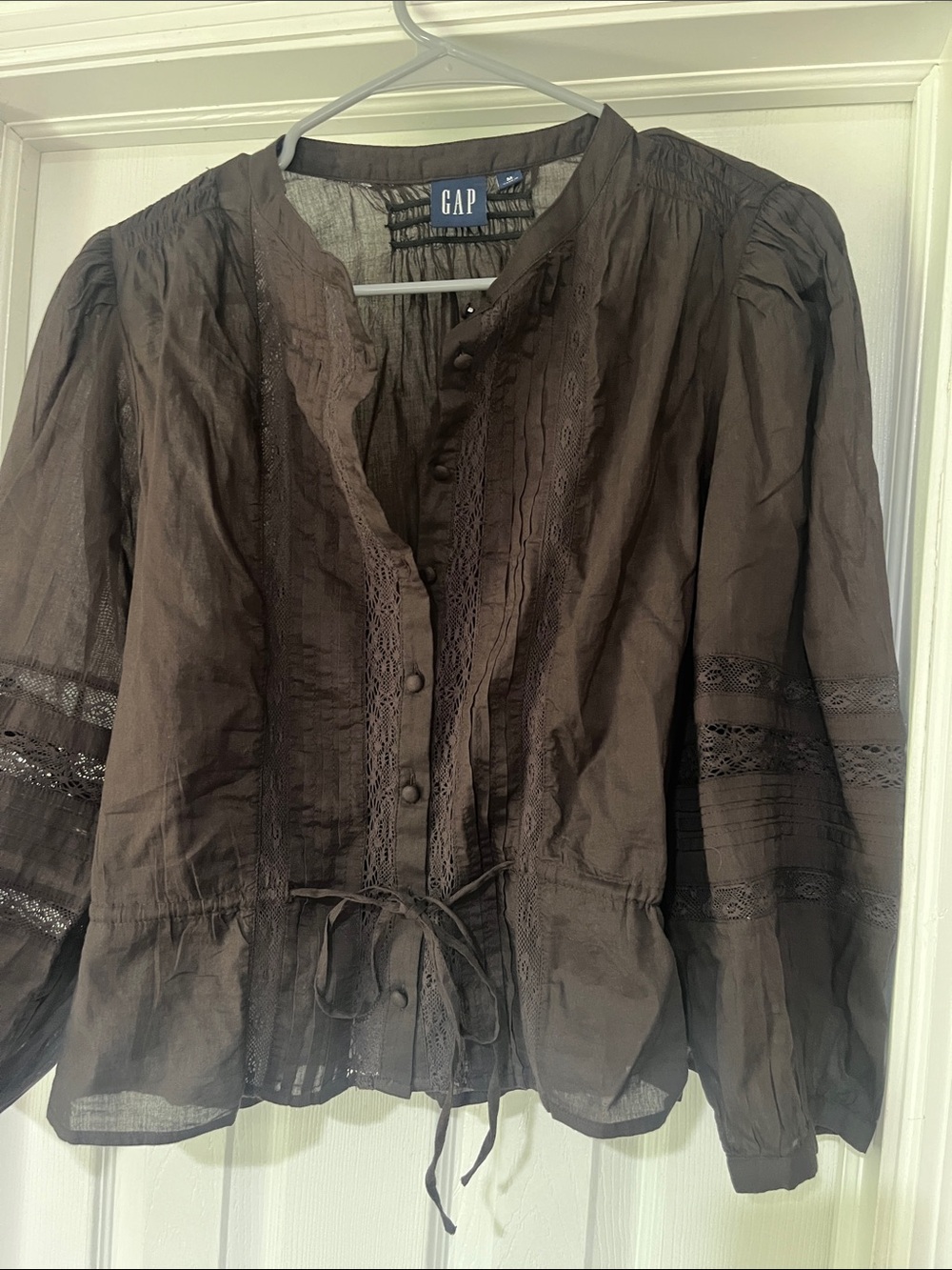 GAP Brown Pintuck & Lace Button-Front Blouse